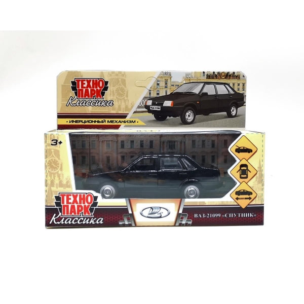 Машина металл LADA-21099 "СПУТНИК" 12 см, двери, багаж, инерц, черный, кор. Технопарк в кор.2*36шт