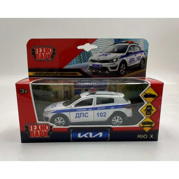 Machine en métal KIA RIO X ПОЛИЦИЯ 12 см, двер, багаж, инерц, белый, кор. Parc technologique dans le cor.2*36шт