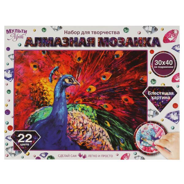 Алмазная мозаика 30*40 см с полным заполнением на подрамнике павлин МУЛЬТИ АРТ в кор.24шт