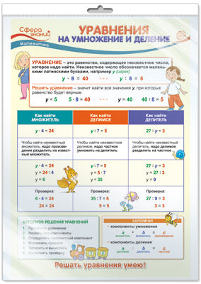 *ПО-13501 ПЛАКАТ А3 В ПАКЕТЕ. Уравнения на умножение и деление. Математика в начальной школе (в индивидуальной упаковке с европодвесом и клеевым клапаном)