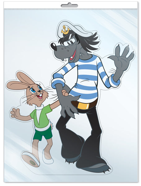 *Ф2-12610-П ПЛАКАТ ВЫРУБНОЙ А3 В ПАКЕТЕ. Заяц с волком из мультфильма Ну, погади! (с блестками в индивидивидуальной упаковке с европодвесом и клеевым клапаном)