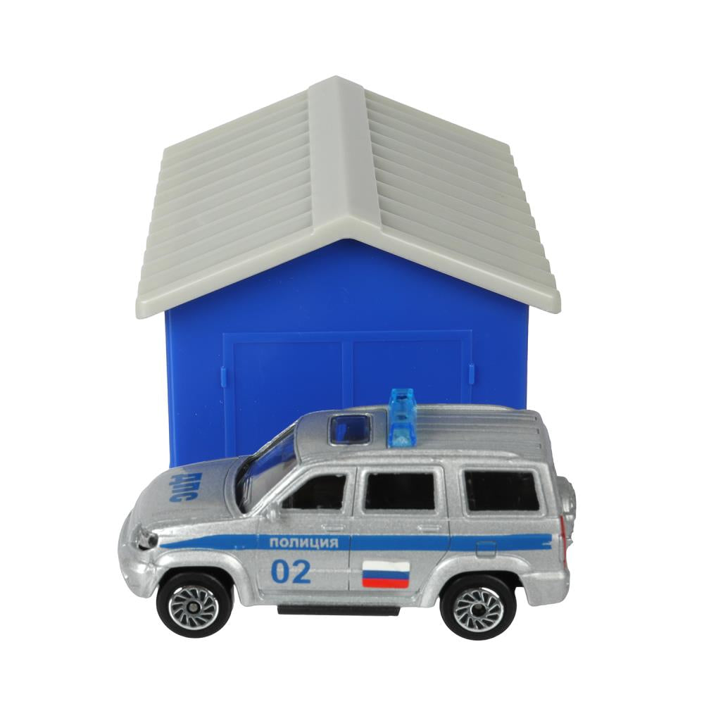 Машина металл UAZ ПАТРИОТ 7,5 см и ПОЛИЦЕЙСКИЙ УЧАСТОК 10 см, ассортимент Технопарк в кор.2*24шт