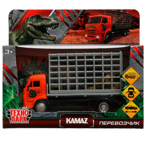 KAMCHE-15DIN-DINO338044 Машина металл KAMAZ С ДИНОЗАВРОМ длина 14 см, двери, подвиж дет, инерц, кор.