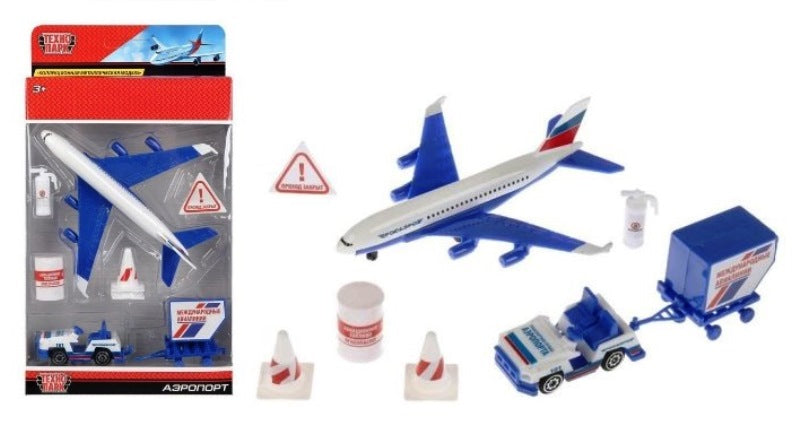 Машины металл Набор Аэропорт: самолет 14см, машинка, знаки, аксесс. в кор. Технопарк в кор.2*48шт