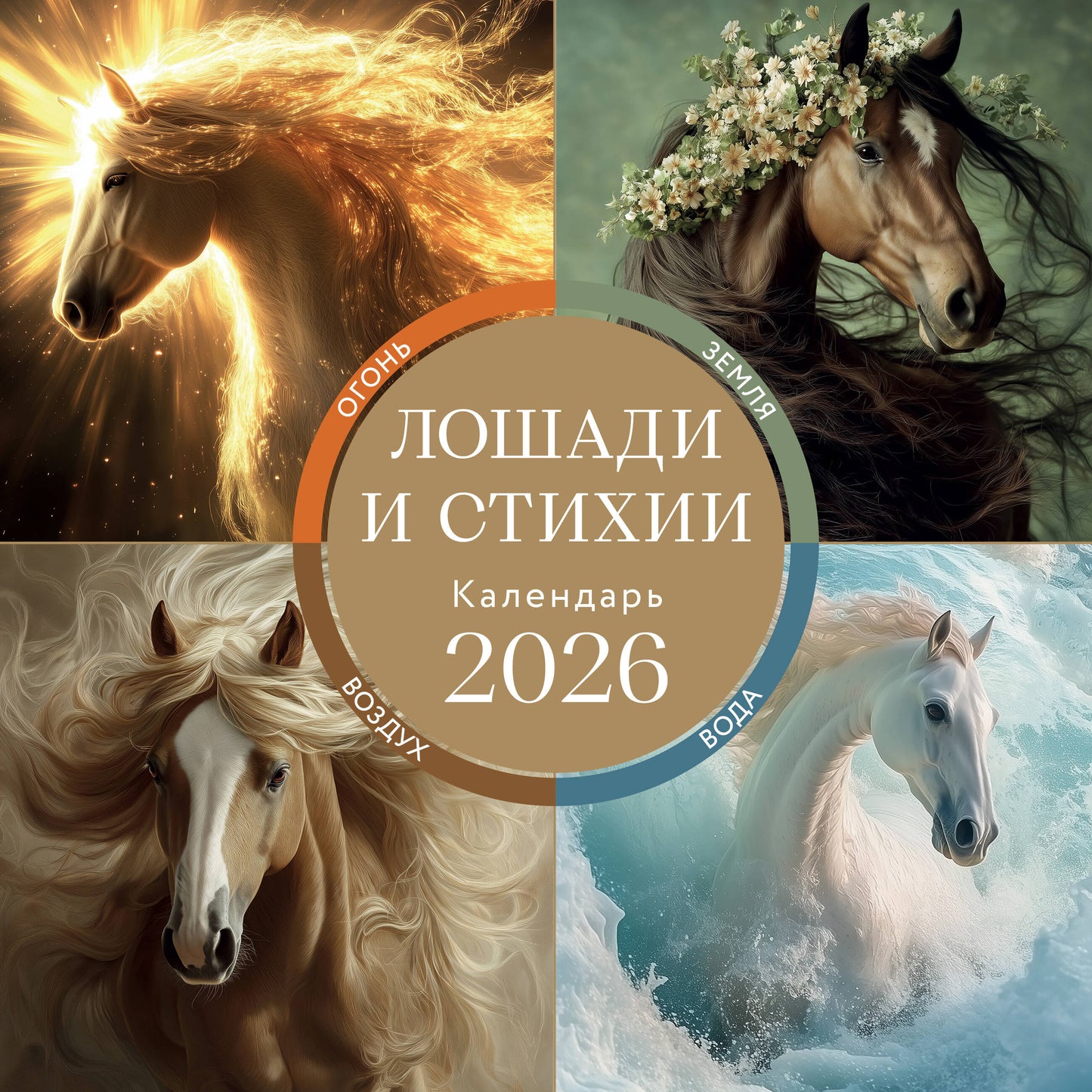 ЛОШАДИ И СТИХИИ. Земля, Воздух, Вода, Огонь. Calendrier pour l'année 2026 (300x300 mm)