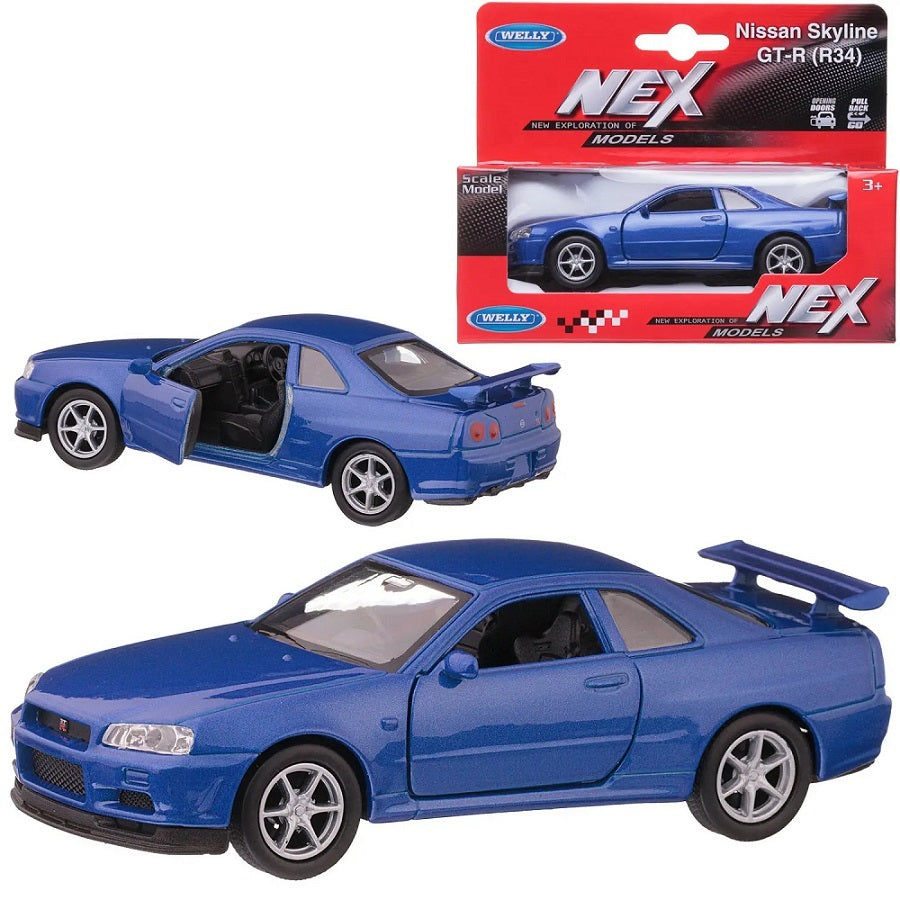 Welly. Машинка 1:38 "Nissan Skyline GT-R R34" пруж. мех. синий арт.43798W-BL