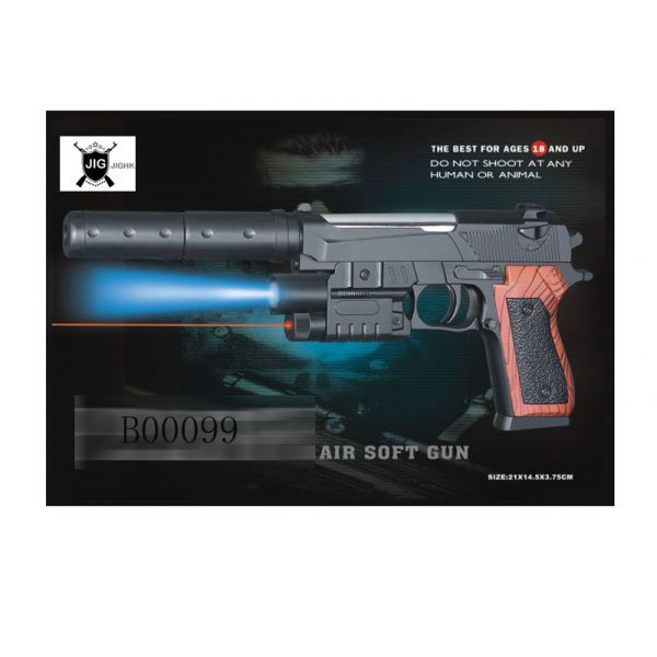 ПИСТОЛЕТ (П) С ЛАЗЕР. ПРИЦЕЛОМ, С ФОНАРЕМ, ГЛУШИТЕЛЕМ, С ПУЛЬКАМИ P2117-F В КОР 21*14*4СМ в кор120шт