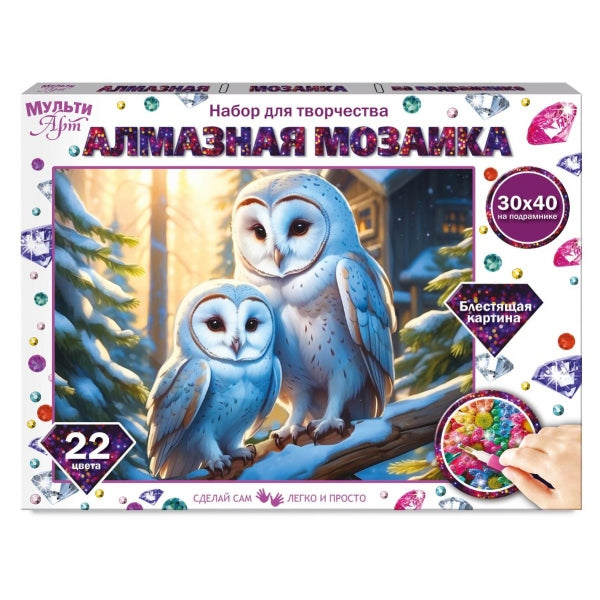Алмазная мозаика 30*40 с подрамником две совы МУЛЬТИ АРТ в кор.40шт