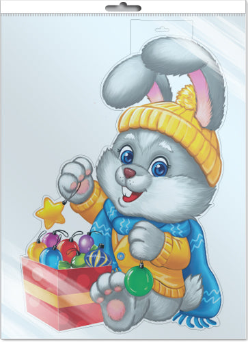 *Ф-16582 ПЛАКАТ ВЫРУБНОЙ А3 В ПАКЕТЕ. Зайчик с новогодними игрушками (двухсторонний, ВД-lac, в индивидуальной упаковке, с европодвесом и клеевым клапаном)