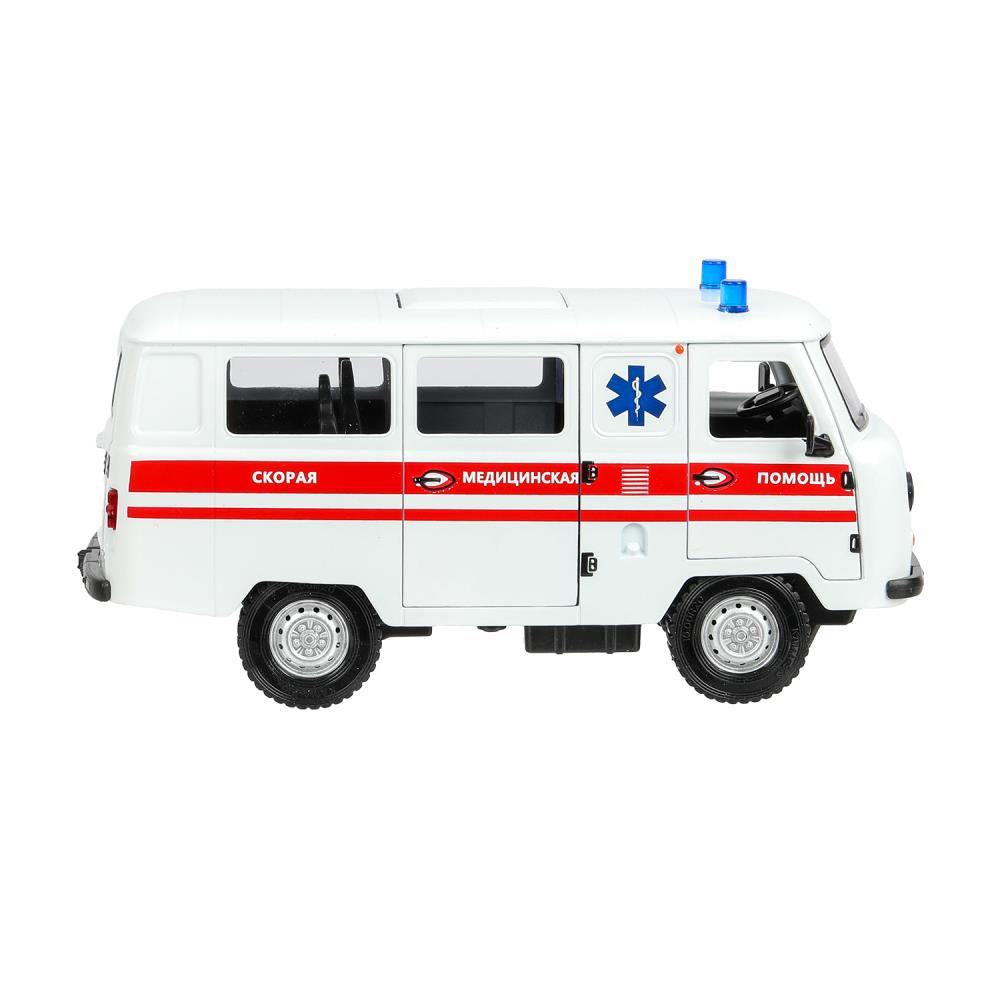 Machine en métal pour le véhicule UAZ УАЗ 452 СКОРАЯ, 18,5 см, св-зв,дв,люк,баг,ин,бел Технопарк в кор.2*18шт