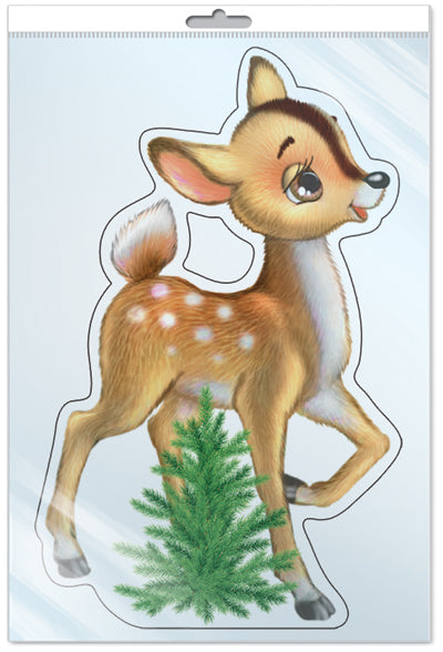 *ФМ-10942 ПЛАКАТ ВЫРУБНОЙ А4 В ПАКЕТЕ. Олененок с елочкой (с блестками в индивидивидуальной упаковке с европодвесом и клеевым клапаном)