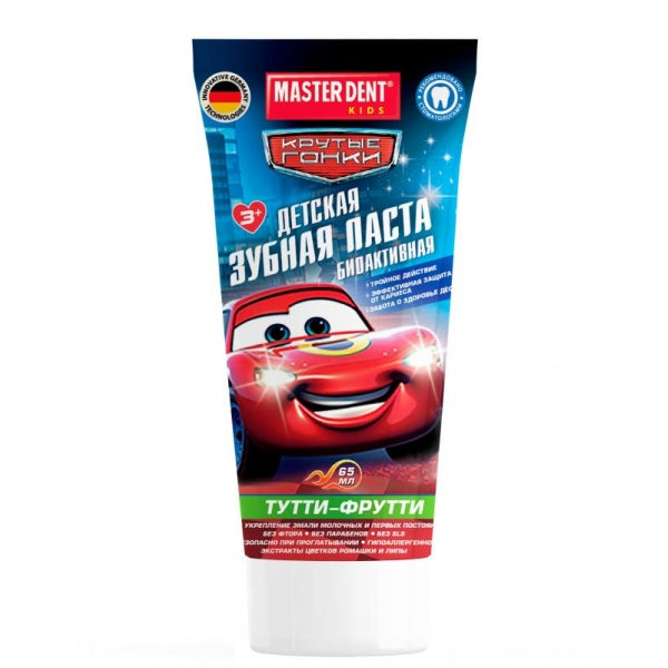 Детская зубная паста крутые ГОНКИ тутти-фрутти, 65 гр MASTER DENT в кор.24шт