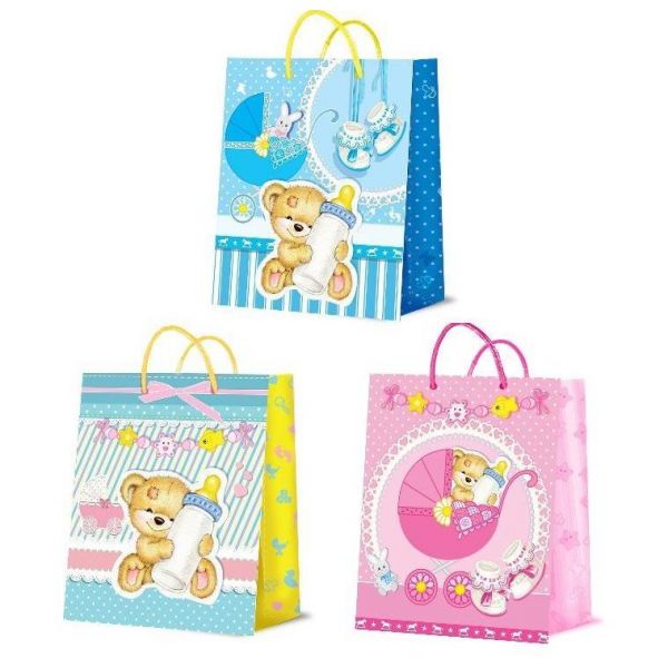 ПАКЕТ ПОДАРОЧНЫЙ "ВЕСЕЛЫЙ ПРАЗДНИК" ДЛЯ НОВОРОЖДЁННЫХ. 26Х32Х14СМ, ГЛЯНЦЕВЫЙ В ПАК УП-24ШТ в кор.3уп