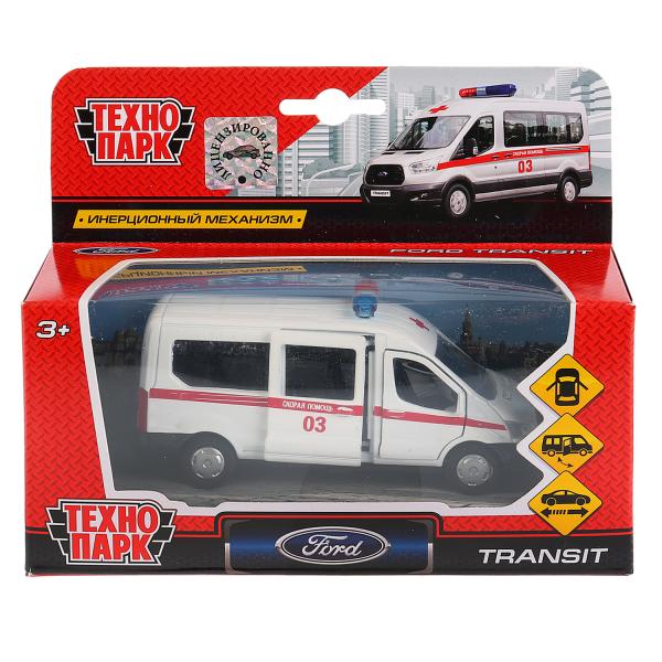 Машина металл FORD Transit скорая 12см, открыв. двери, инерц. в кор. Технопарк в кор.2*24шт