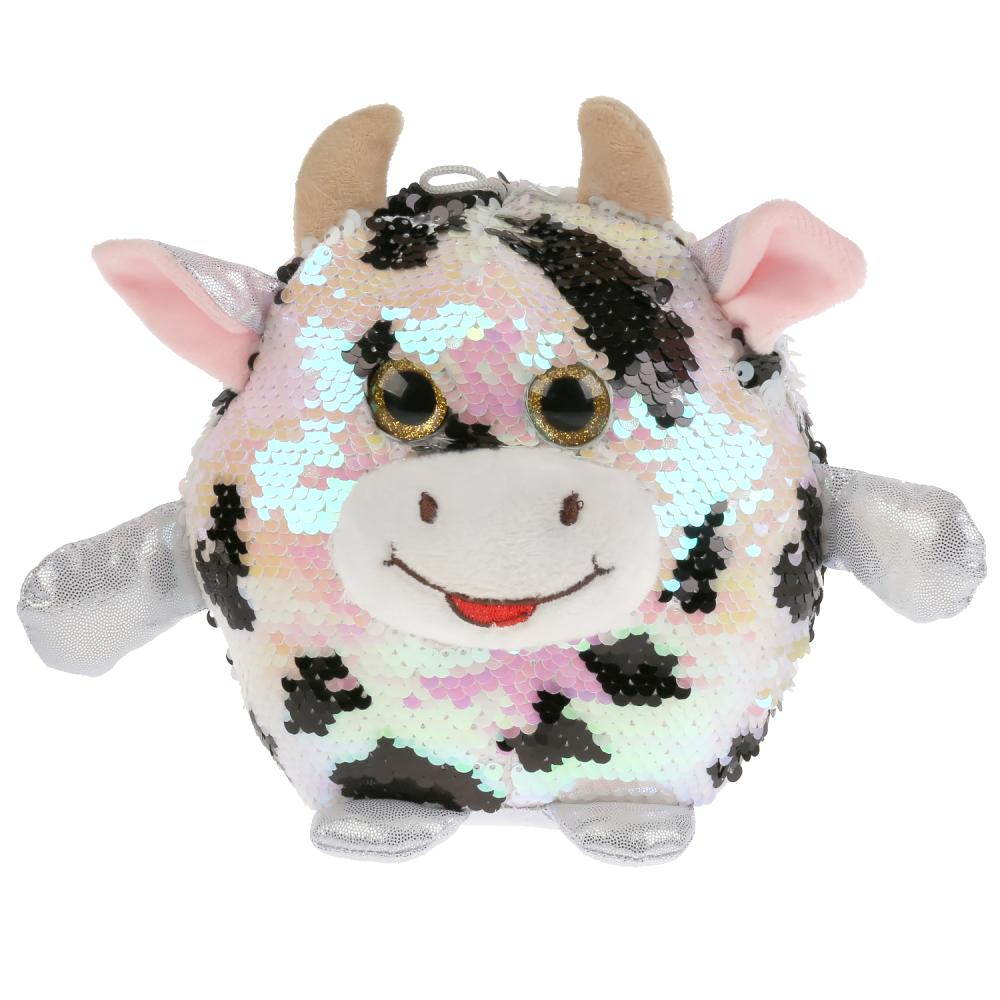 JE7002-1LNS Игрушка мягкая корова из пайеток пятнистая 17см, без чипа, в пак. Мульти-пульти