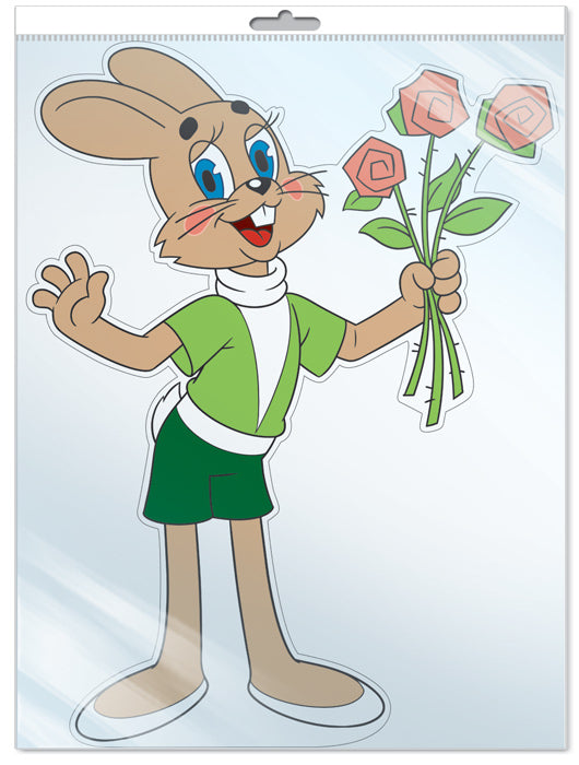 *Ф2-13137 ПЛАКАТ ВЫРУБНОЙ А3 В ПАКЕТЕ. Заяц с цветами из мультфильма Ну, погоди! (С блестками в индивидивидуальной упаковке с европодвесом и клеевым клапаном)
