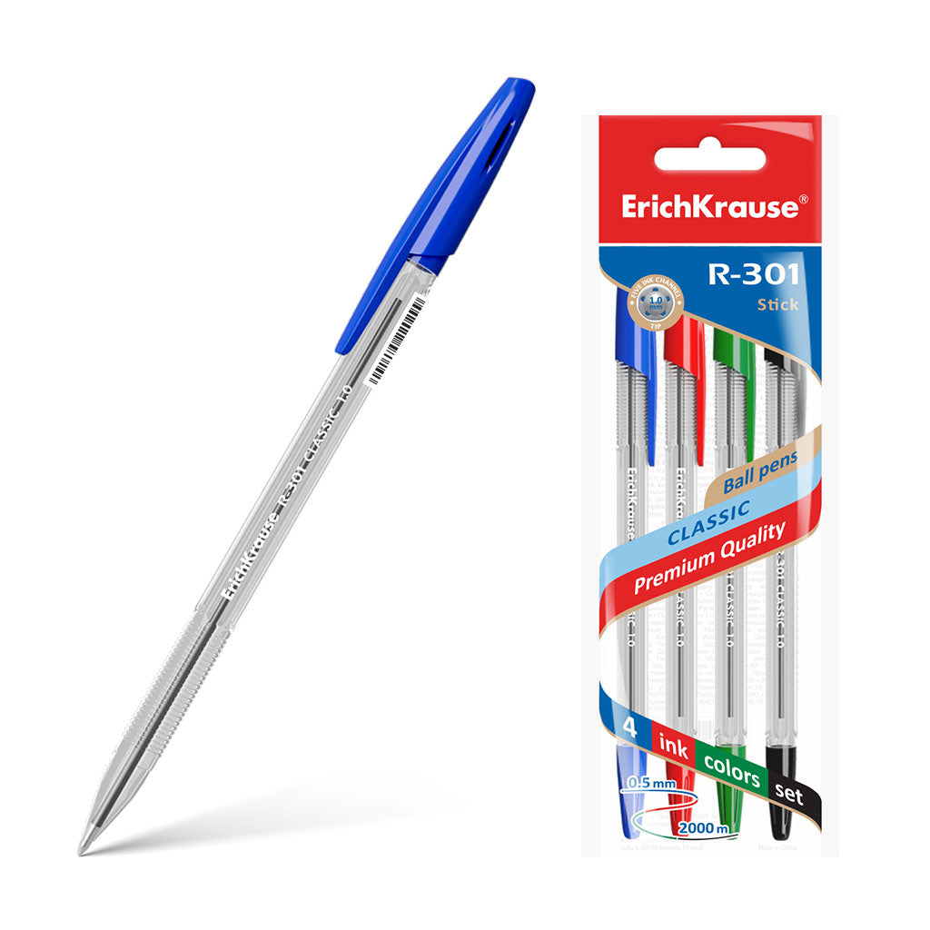 Ручка шариковая ErichKrause R-301 Classic Stick 1.0, цвет чернил: синий, черный, красный, зеленый (в пакете по 4 шт.)