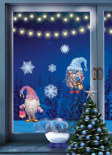 НМТ1-16503 Новогодние наклейки на окна А4+. Гномики новогодние (видны с обеих сторон, 4+4, снежинки из белил)