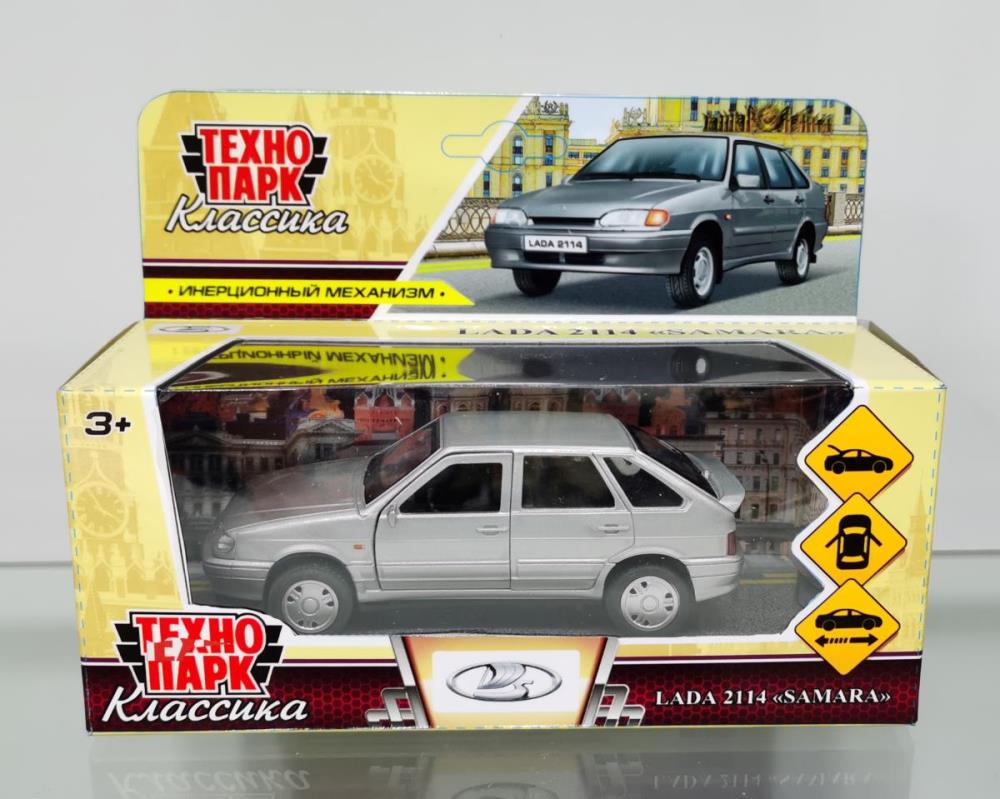 Машина металл LADA-2114 "SAMARA" 12 см, двери, багаж, инерц, серебрист, кор. Технопарк в кор.2*36шт
