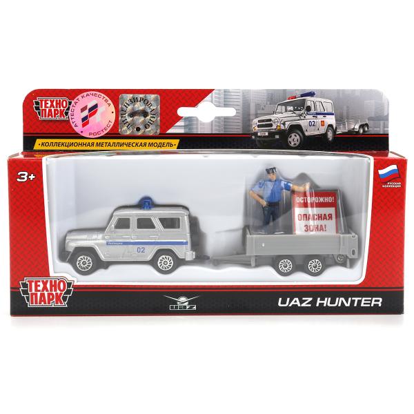 Машина металл UAZ HUNTER, 7,5 см + прицеп 7,5 см. с фигур. и знак., кор. Технопарк в кор.2*72шт