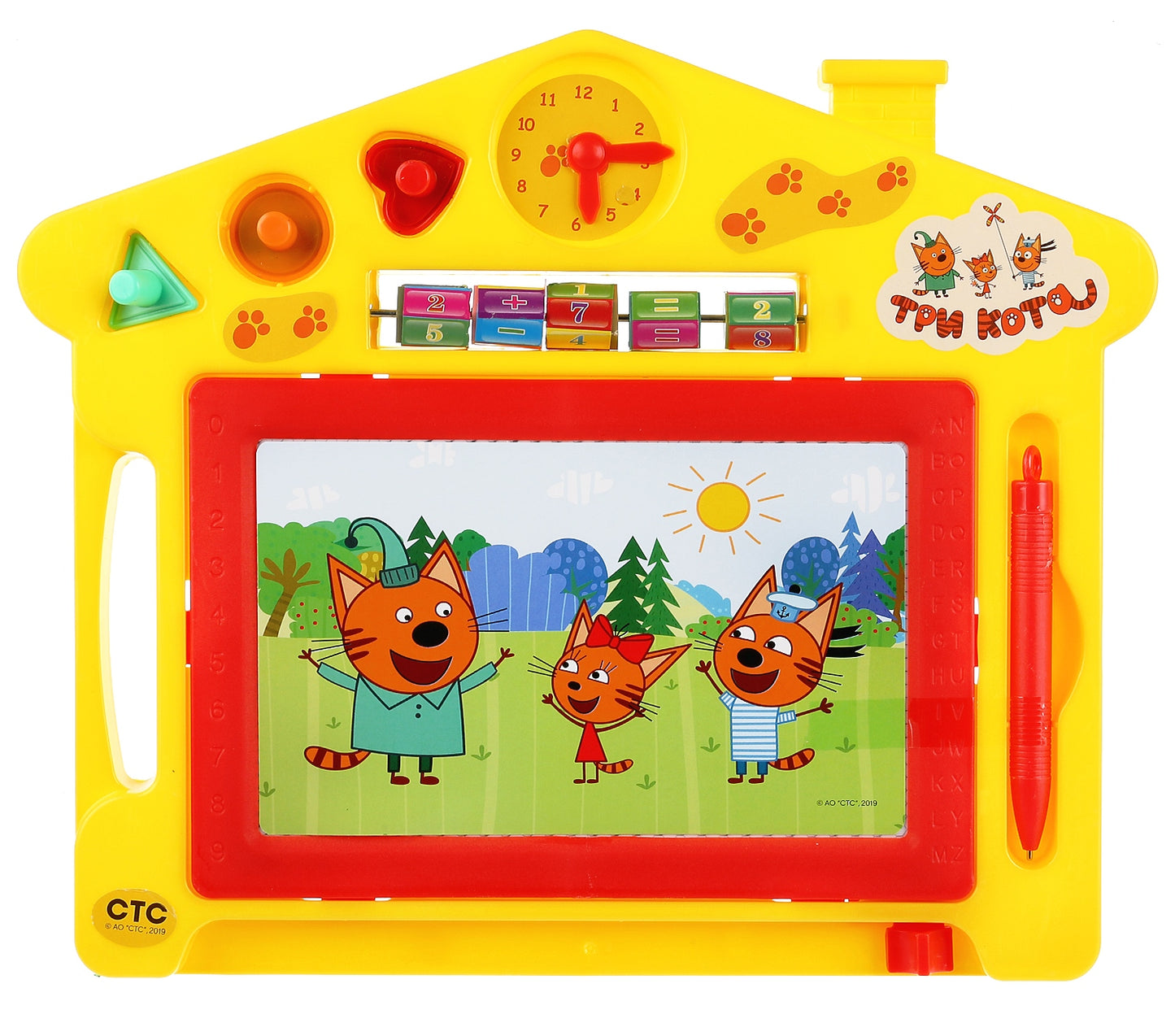 Доска д/рисования ТРИ КОТА магнитная, ч/б, 3 штампа, часы, счеты, 27*23см Играем вместе в кор.3*32шт