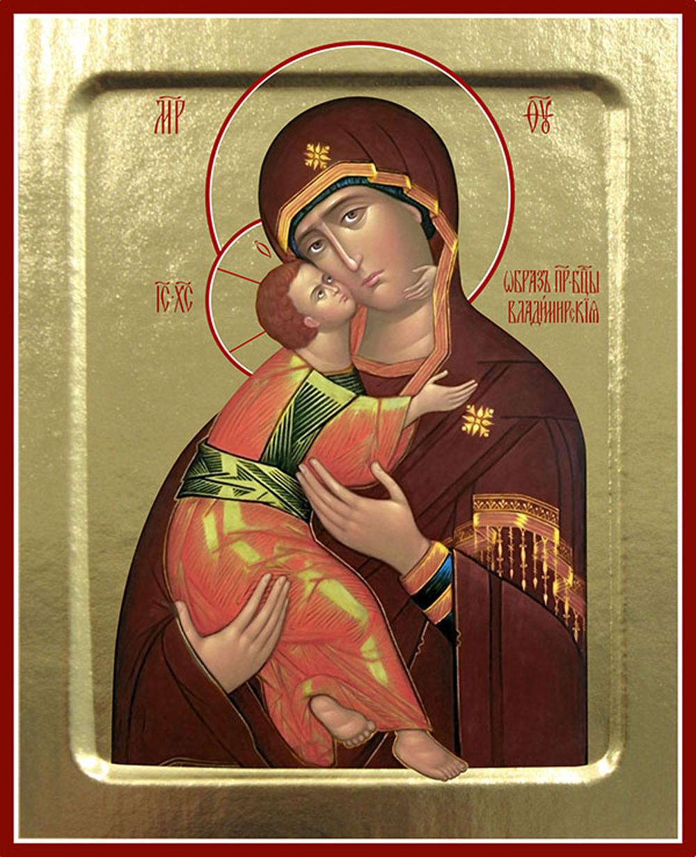 Икона Пресвятой Богородицы, Владимирская (млад. в красно-болотном, взгл. прямо) (на дереве): 125 х 160