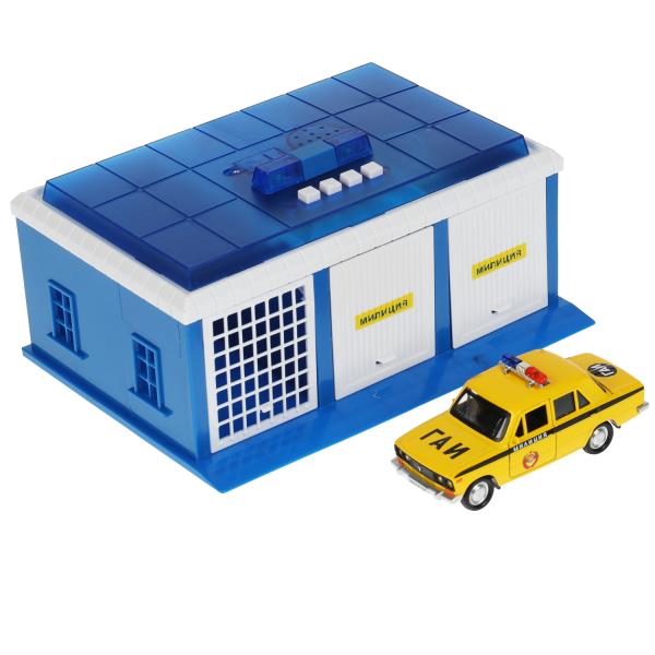GARAGE-22SL1XCAR-POL2 343261 Игрушка пластик свет-звук ПОСТ ГАИ длин 22 см, ворота, ВАЗ-2106, СИНИЙ,