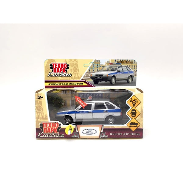 2109-12SLPOL-GY Машина металл свет-звук ваз-2109"спутник"12см,дв,баг,инер,МИЛИЦИЯ сереб,кор. Технопа