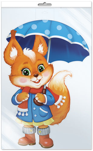 *Ф-16288 ПЛАКАТ ВЫРУБНОЙ А3+ В ПАКЕТЕ. Осенняя белочка с зонтиком (double, в индивидуальной упаковке, с европодвесом и клеевым клапаном)