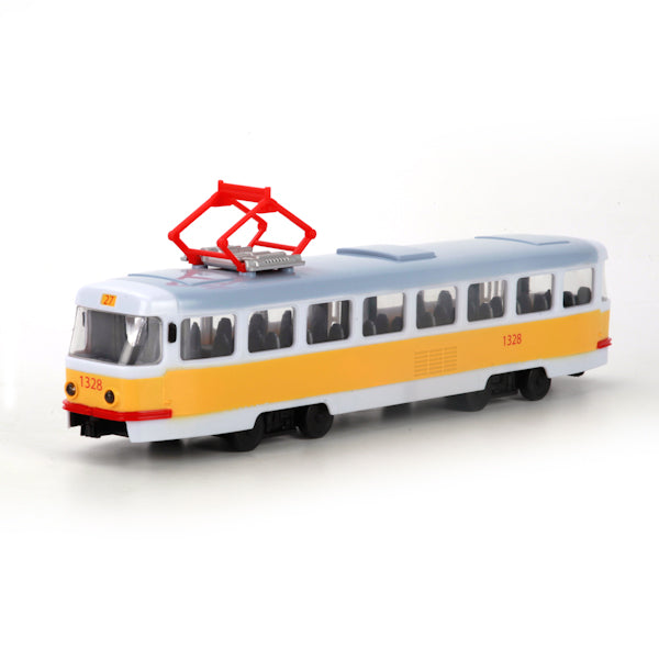 ТРАМВАЙ "ТЕХНОПАРК" ПЛАСТ. 30СМ, СО СВЕТОМ И ЗВУКОМ, ОТКРЫВ. ДВЕРИ 9708B В РУСС. КОР. dans кор.24шт