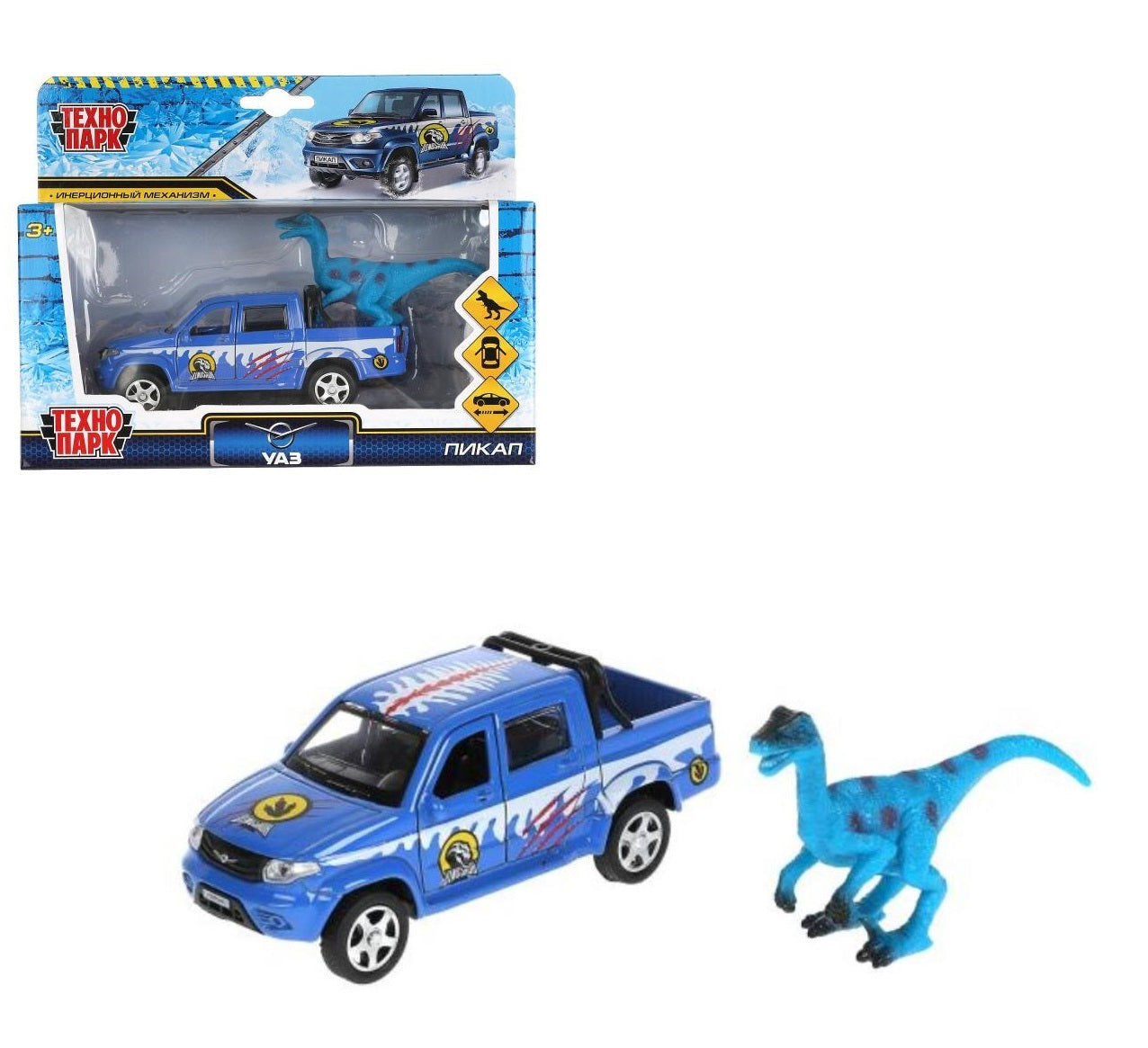 PICKUP-12SNOW-DINO 315128 Machine métallique UAZ PICKUP SНЕГ 12 см, double, bagage, инерц, dinosaure, cor.