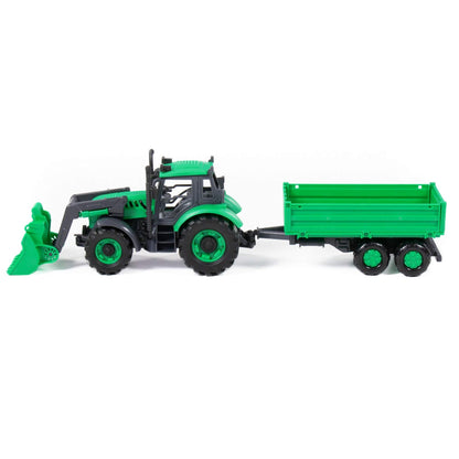 Tracteur "Прогресс" avec бортовым прицепом и ковшом, инерционный (зелёный) (в коробке)