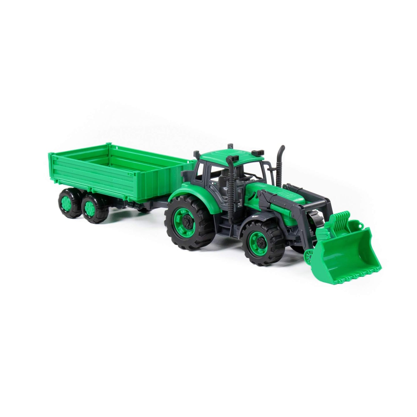 Tracteur "Прогресс" avec бортовым прицепом и ковшом, инерционный (зелёный) (в коробке)
