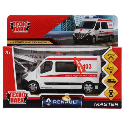 Машина металл свет-звук RENAULT master СКОРАЯ 14см, двер, тел, ин., бел,кор. Parc technologique dans le cor.2*32шт