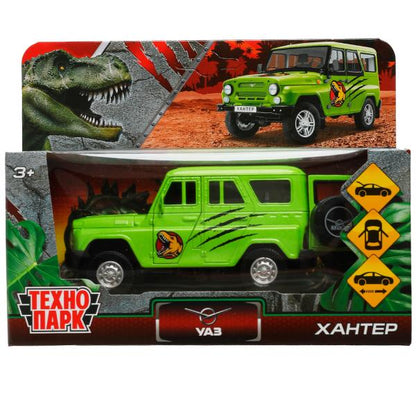 Machine en métal UAZ HUNTER ДИНОЗАВРЫ 11,5 см, двер, багаж, ин, салатовый, кор. Parc technologique dans le cor.2*36шт