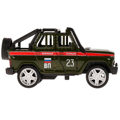 Машина металл UAZ HUNTER ВОЕННАЯ ПОЛИЦИЯ 11,5 см, двери,багаж, зеленый, кор. Технопарк в кор.2*36шт