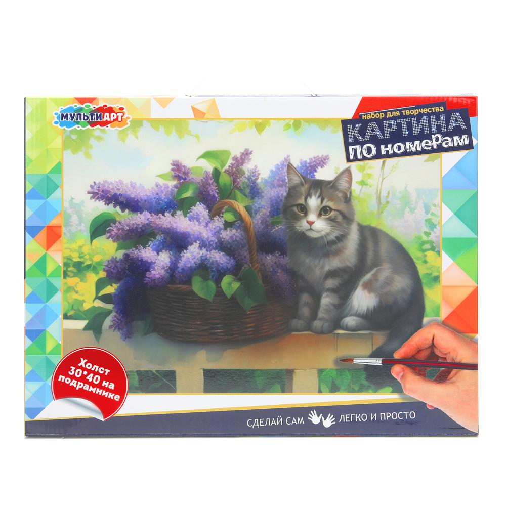 Холст по номерам на подрамнике 30*40 см котик и сирень МУЛЬТИ АРТ в кор.24шт
