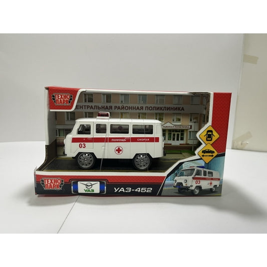 Машина пластик UAZ 452 12 см, инерц,двери, СКОРАЯ белый,кор. Технопарк в кор.2*60шт