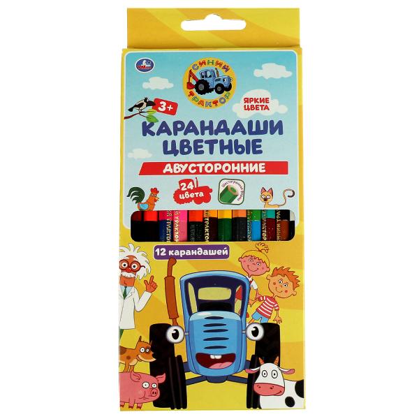 Цветные карандаши Синий ТРАКТОР двусторонние, 24цв (12 шт.), Умка в кор.20*12наб