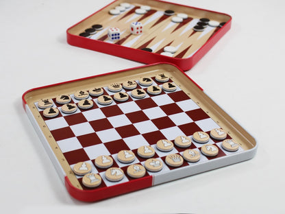 Игра магнитная в жестяной коробочке "Шахматы, шашки, нарды"