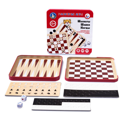 Игра магнитная в жестяной коробочке "Шахматы, шашки, нарды"