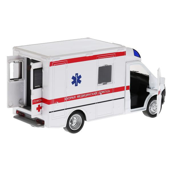 Машина металл свет-звук ГАЗЕЛЬ NEXT СКОРАЯ 15 см, двер, инерц, бел, кор. Parc technologique dans le cor.2*32шт