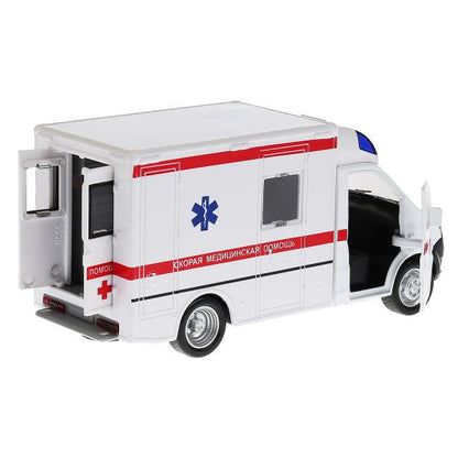 Машина металл свет-звук ГАЗЕЛЬ NEXT СКОРАЯ 15 см, двер, инерц, бел, кор. Parc technologique dans le cor.2*32шт