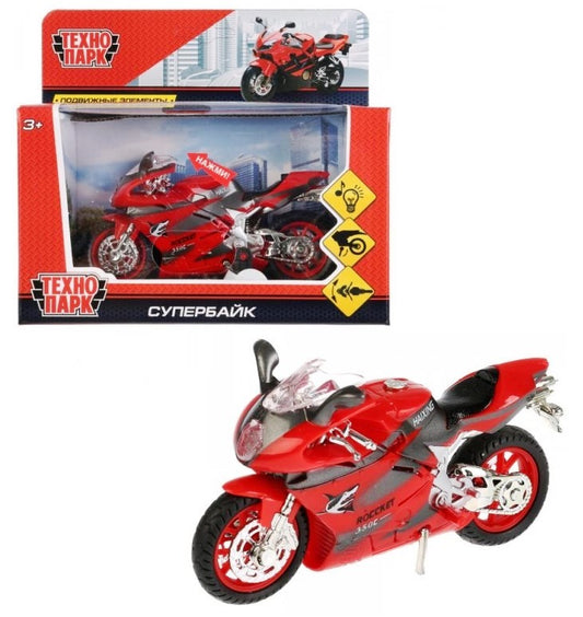 Машина на бат свет+звук Супербайк пластик 13,5 см,выдвиж. поднож., вращ. руль Технопарк в кор.5*48шт