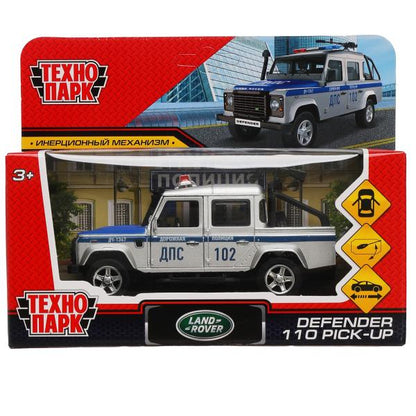 Машина металл LAND ROVER DEFENDER PICKUP ПОЛИЦИЯ 12 см, двери, багажн, кор. Технопарк в кор.2*36шт