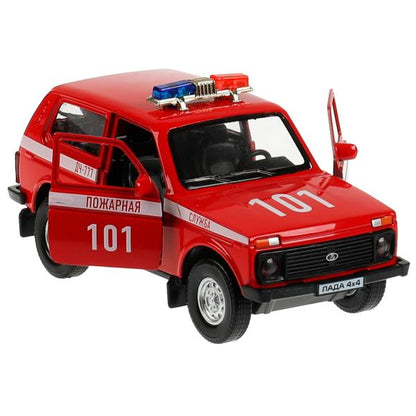 Технопарк. Гараж "Пожарная часть" пластик 20,5 см, + машинка LADA 4x4, крас, арт.GARAGESMA-20PLFRI-L