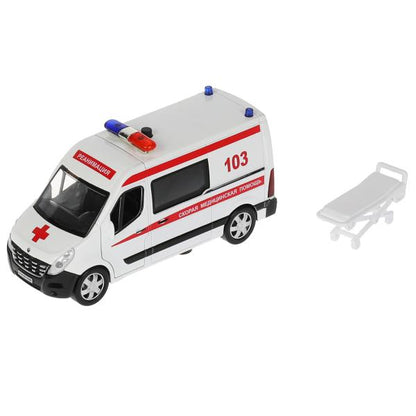 Машина металл свет-звук RENAULT master СКОРАЯ 14см, двер, тел, ин., бел,кор. Parc technologique dans le cor.2*32шт