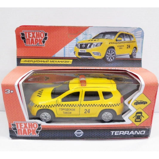 МАШИНА "ТЕХНОПАРК" МЕТАЛЛ. ИНЕРЦ. NISSAN TERRANO ТАКСИ 12СМ, ОТКРЫВ. ДВЕРИ В РУСС. КОР. dans le cor.2*24шт