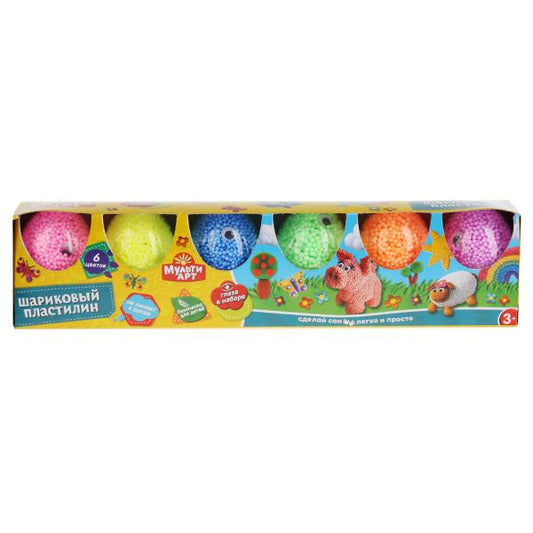 Набор шарикового крупнозерн. незастыв. пластилина MultiArt + глаза, 6 цв. в яйце в кор. в кор.4*12шт