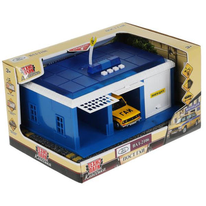 GARAGE-22SL1XCAR-POL2 343261 Игрушка пластик свет-звук ПОСТ ГАИ длин 22 см, ворота, ВАЗ-2106, СИНИЙ,